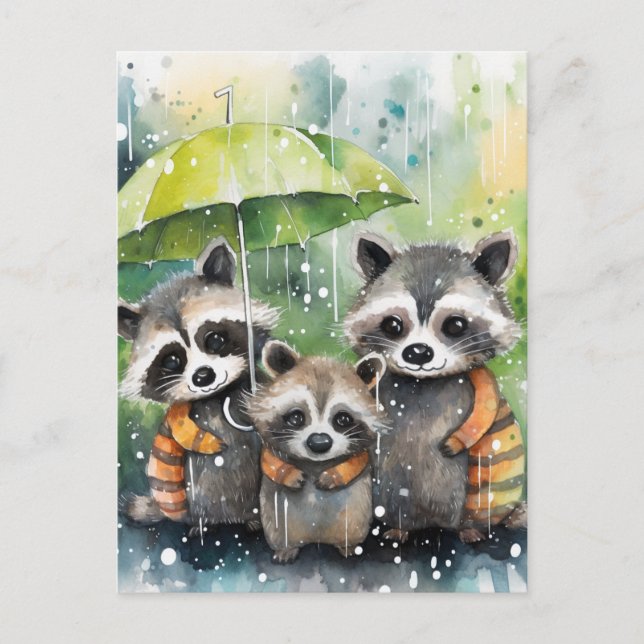 Postal Cute Raccoons in the Rain (Anverso)