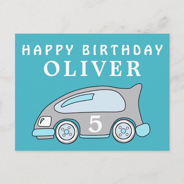 Postal Cute Race Car Blue Happy Birday Boy Name (Anverso)