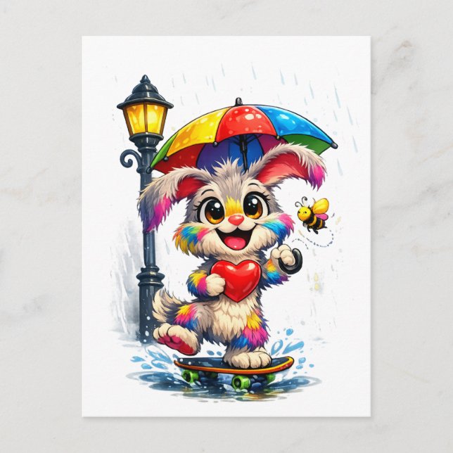 Postal Cute Rainbow Bunny with Umbrella Design (Anverso)