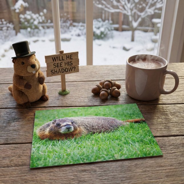 Postal Cute Realistic Groundhog Peeking In Green Grass (Subido por el creador)