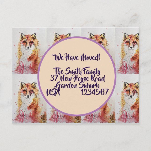 Postal Cute Red Fox Nueva Postcard, Nos Estamos Moviendo (Anverso)