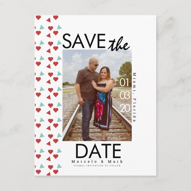 Postal Cute Red Heart Confetti Save The Dates Foto  (Anverso)