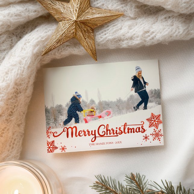Postal Cute Red Script Foto Copo de Nieve Navidad (Subido por el creador)