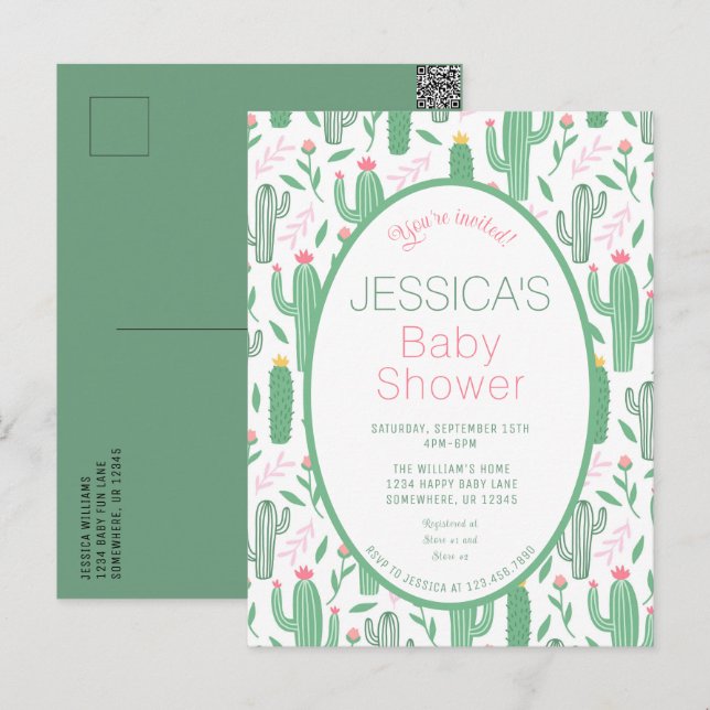 Postal Cute Retro Cactus Suculento Baby Shower Floral (Anverso / Reverso)