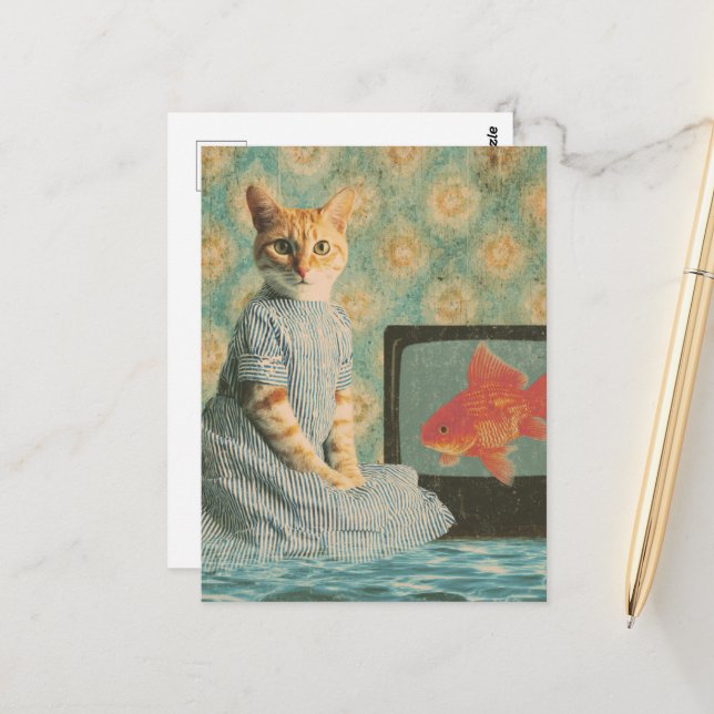 Postal Cute Retro Ginger Cat With Goldfish Retro Collage (Anverso/Reverso In Situ)