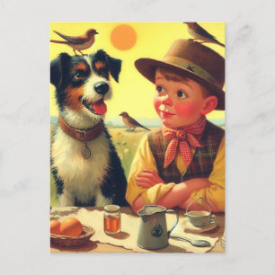 Postal Cute retro perro y pintura infantil