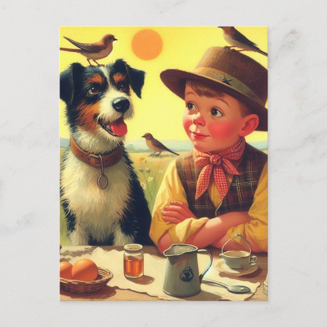 Postal Cute retro perro y pintura infantil (Anverso)