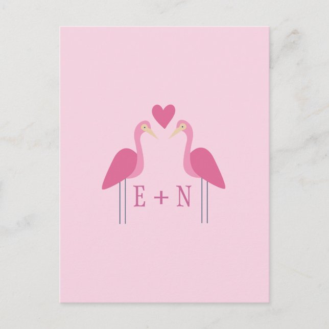 Postal Cute rosa Flamingo Boda Pareja (Anverso)