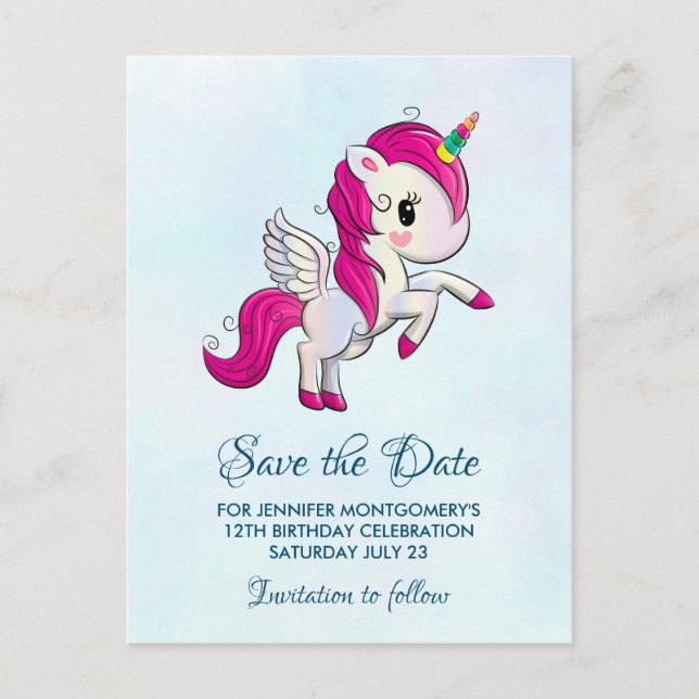 Postal Cute rosa unicornio con alas Guardar fecha (Anverso)