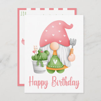 Postal Cute Rosa Verde Acuarela Jardín Gnome Cumpleaños