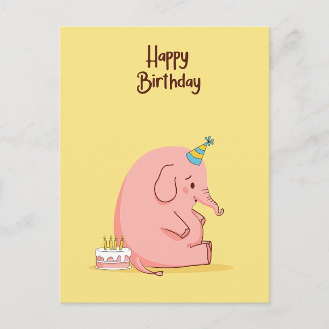 Postal Cute Sad Elephant Birthday Card – Whimsical Pastel (Anverso)