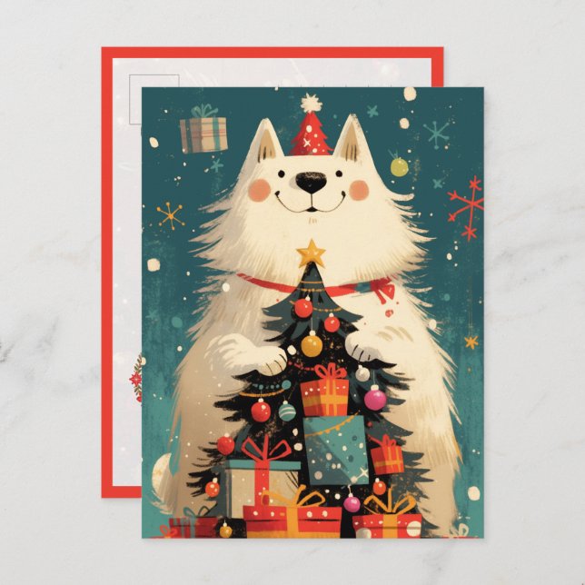 Postal Cute Samoyed dog with Christmas (Anverso / Reverso)