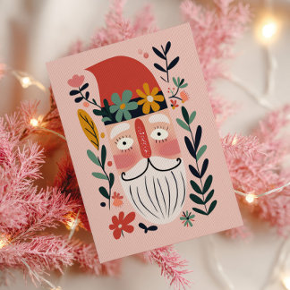Postal Cute Santa Claus Retro Floral Pink Merry Christmas