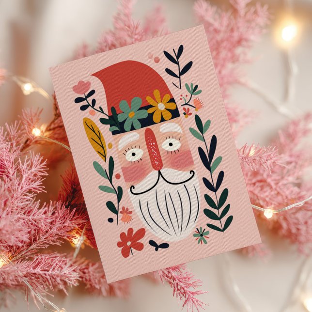 Postal Cute Santa Claus Retro Floral Pink Merry Christmas (Subido por el creador)
