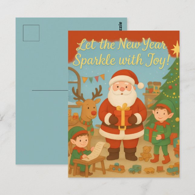 Postal Cute Santa & Elves New Year Holiday Card (Anverso / Reverso)