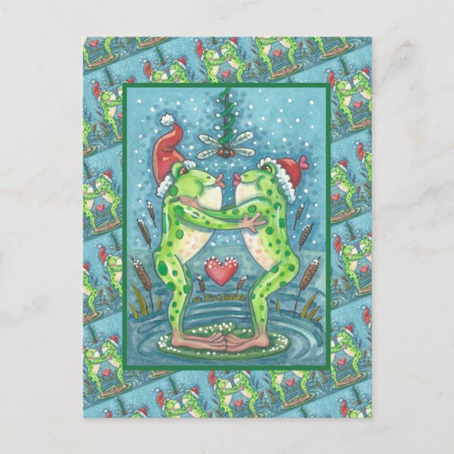 POSTAL CUTE SANTA FROGS KISSING BAJO EL MISTLETO DRAGONFL (Anverso)