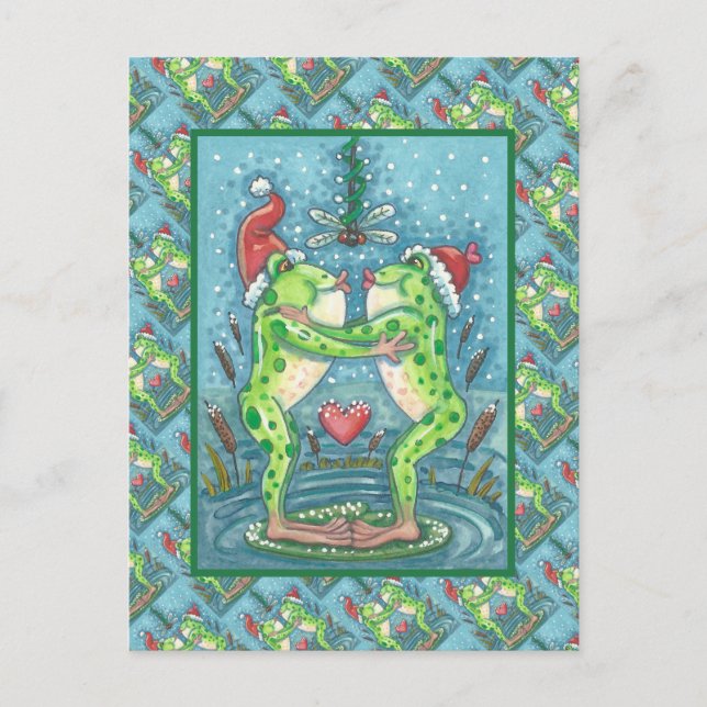 POSTAL CUTE SANTA FROGS KISSING BAJO EL MISTLETO DRAGONFL (Anverso)
