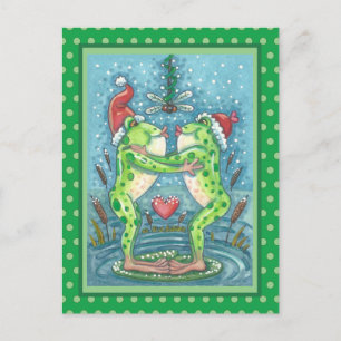 POSTAL CUTE SANTA FROGS KISSING BAJO EL MISTLETO DRAGONFL