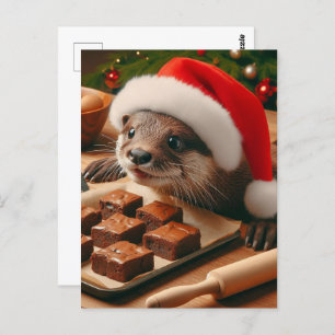 Postal Cute Santa Otter con Brownies para Navidades