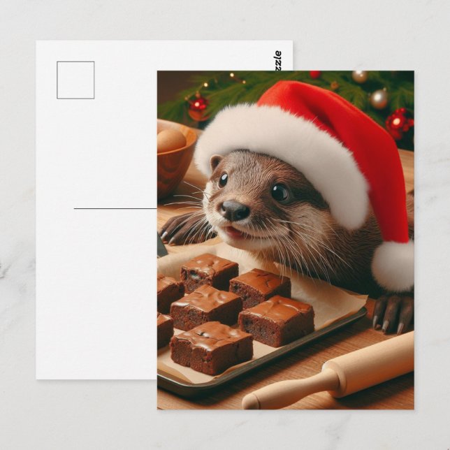 Postal Cute Santa Otter con Brownies para Navidades (Anverso / Reverso)
