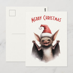 Postal Cute Scary Bat Santa Hat Red Poinsettia Navidades