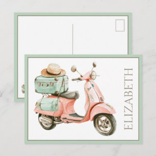Postal Cute Scooter Costero Rosa y Aqua