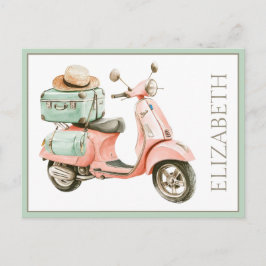 Postal Cute Scooter Costero Rosa y Aqua
