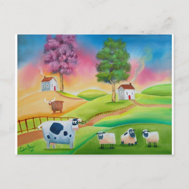 Postal Cute sheep cows folk art naive painting G Bruce (Anverso)