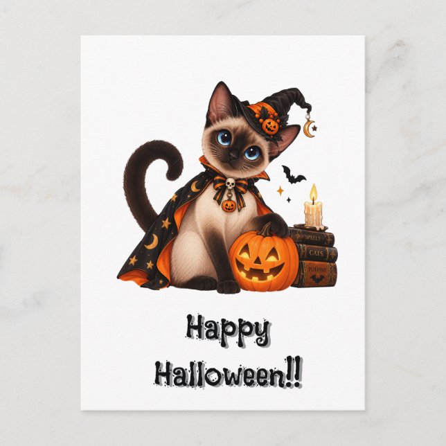 Postal Cute Siamese Cat Witch Halloween (Anverso)