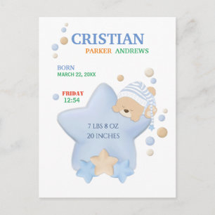 Postal Cute Sleeping Teddy Bear Baby Boy Natal Stats