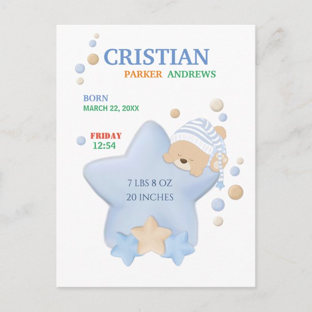 Postal Cute Sleeping Teddy Bear Baby Boy Natal Stats (Anverso)