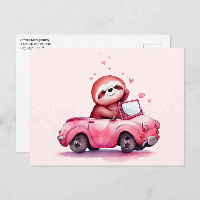 Postal Cute Sloth Driving a Pink Convertible (Anverso / Reverso)