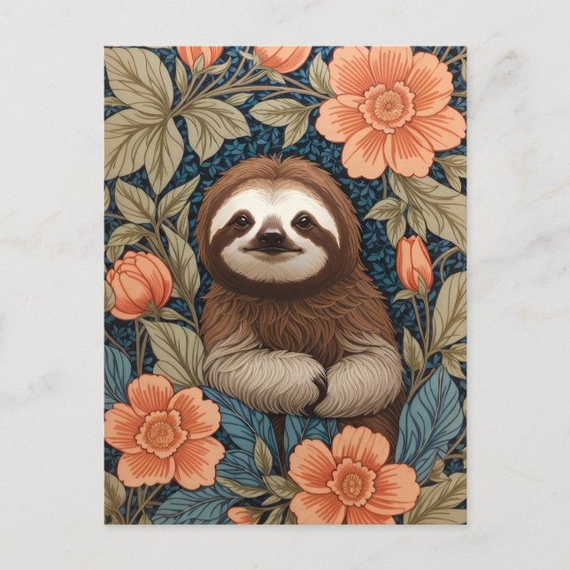 Postal Cute Sloth Elegant Floral William Morris Inspired (Anverso)