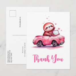 Postal Cute Sloth in a Pink Convertible Thank You