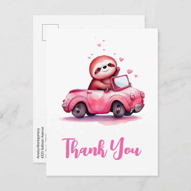 Postal Cute Sloth in a Pink Convertible Thank You (Anverso / Reverso)