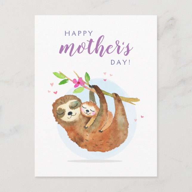 Postal Cute Sloth Mom Baby Happy Mother's Day card (Anverso)