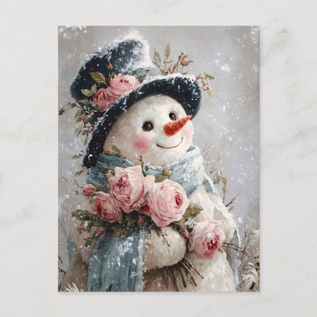 Postal Cute Snowman with Pink Roses (Anverso)