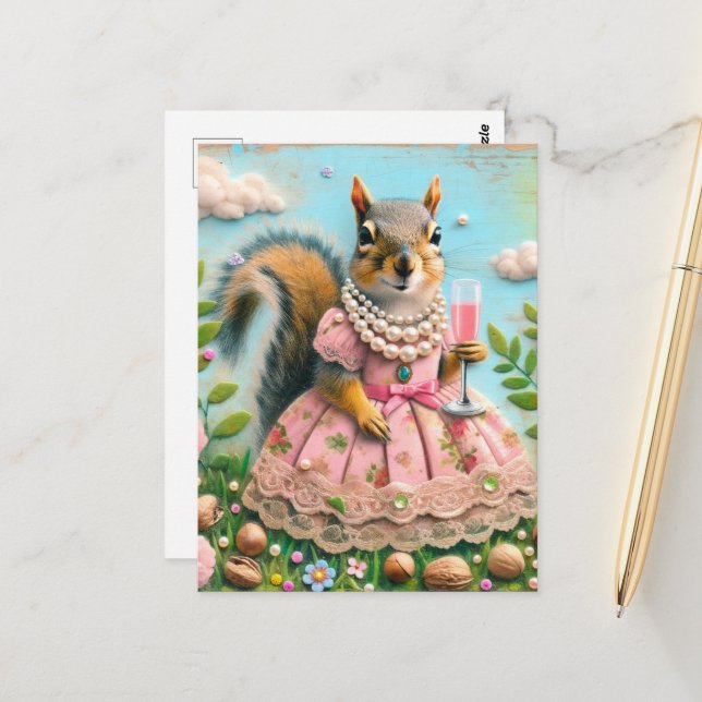 Postal Cute Squirrel in a Pink Dress with a Drink (Anverso/Reverso In Situ)