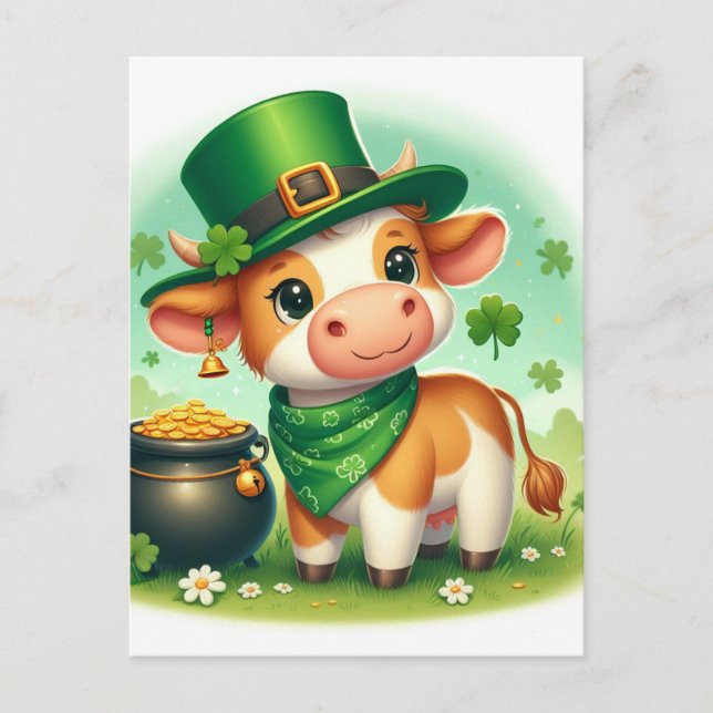 Postal Cute St Patricks Day Brown and White Cow (Anverso)