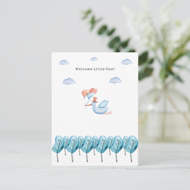 Postal Cute Stork Flying Over The Forest Welcome New Baby (Anverso de pie)