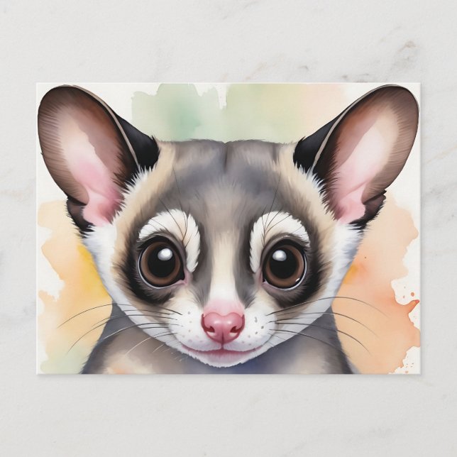 Postal Cute Sugar Glider en acuarela soñadora (Anverso)