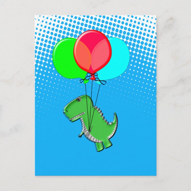Postal Cute T-Rex Volando Con Globos En Cielo Azul (Anverso)