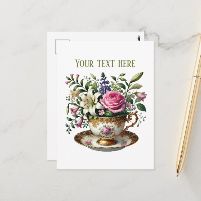 Postal Cute teacup flowers customizable  (Anverso/Reverso In Situ)