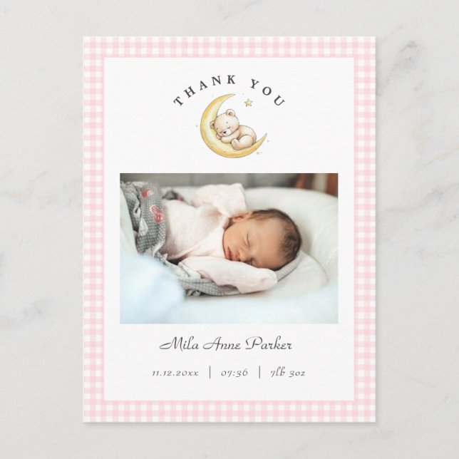 Postal Cute Teddy Bear Gingham Girl Birth Announcement (Anverso)