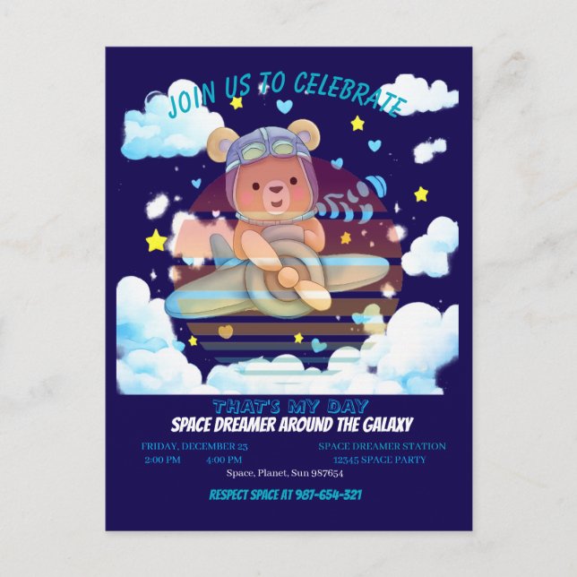 Postal Cute Teddy Bear Pilot Airplane Art (Anverso)