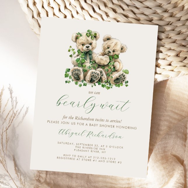 Postal Cute Teddy Bears Green Ivy Twins Baby Shower (Subido por el creador)