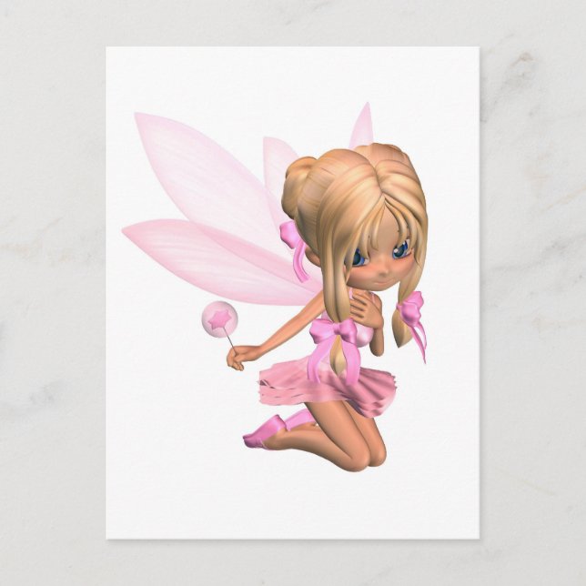 Postal Cute Toon Ballerina Hada en rosa - arrodillado (Anverso)