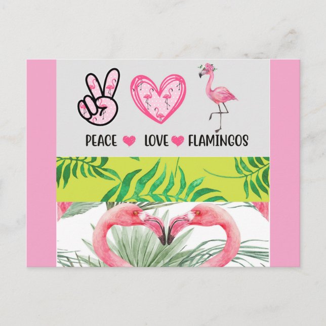 Postal Cute Tropical Peace Love Flamingos (Anverso)