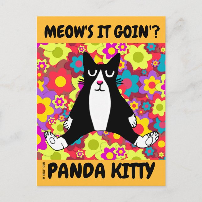 POSTAL CUTE TUXEDO CAT ART, PANDA KITTY SENTADO (Anverso)