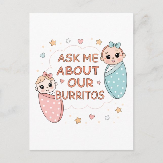 Postal Cute Twin Baby Burrito Announcement Illustration (Anverso)